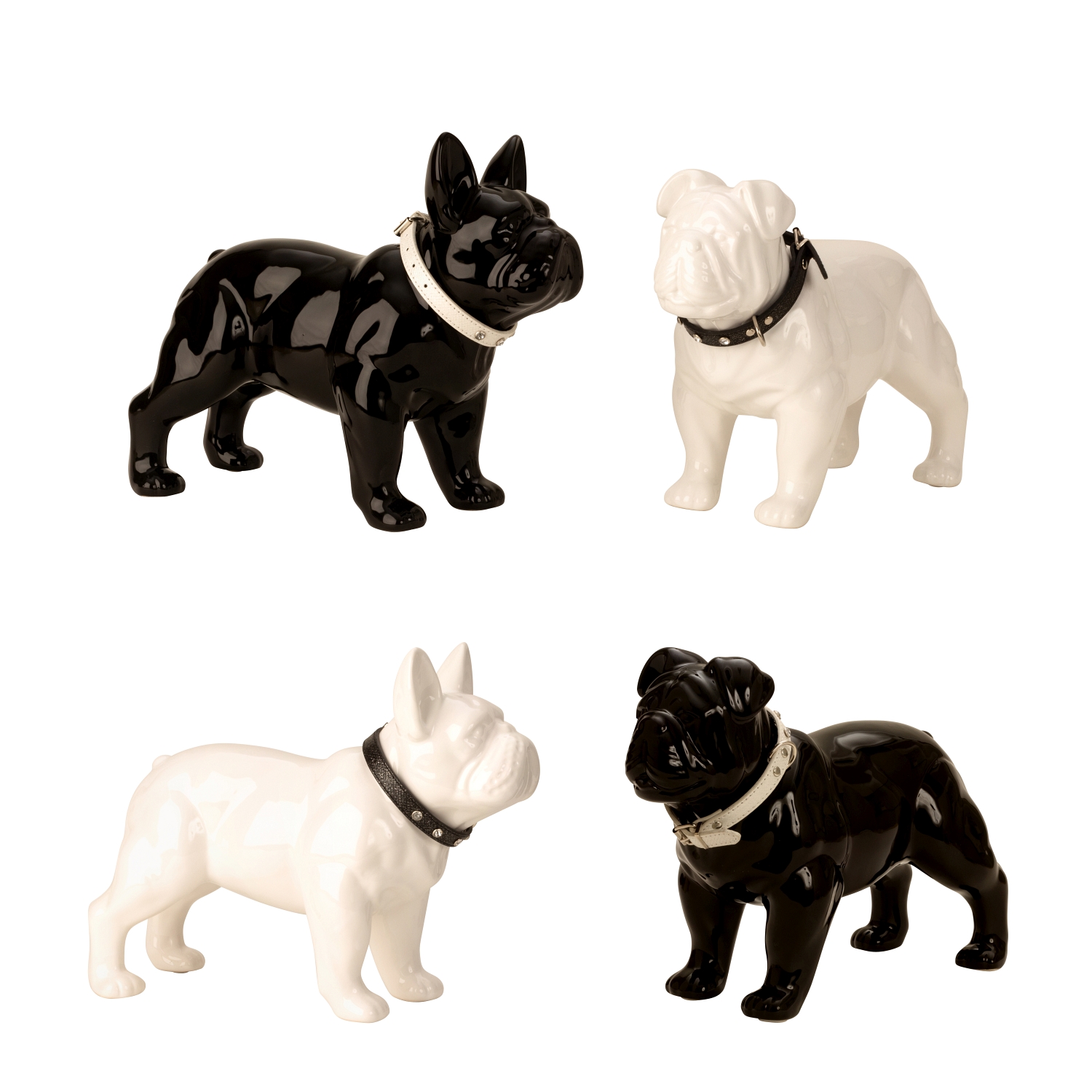 Bulldogge Schwarz oder Weiss mit Halsband Hund Dekofigur Stehohren